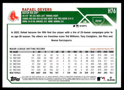 Baseball card featuring Rafael Devers statistics with the Boston Red Sox in 2023 Topps Holiday