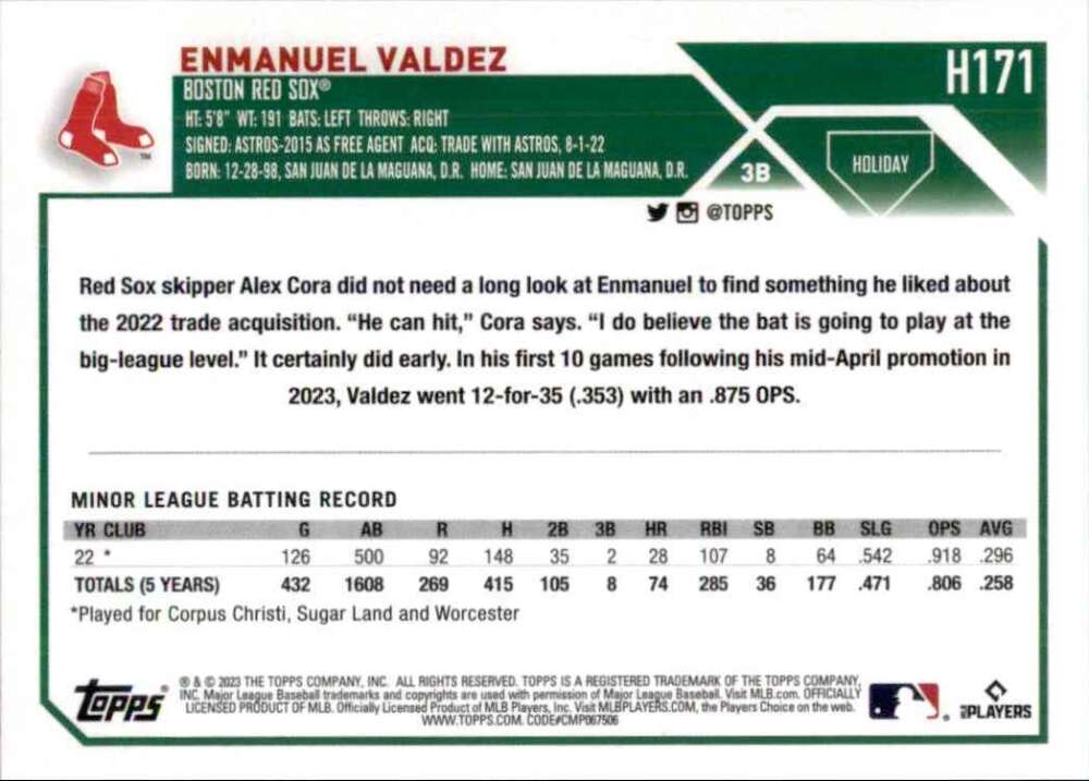 Baseball card featuring Enmanuel Valdez statistics, Boston Red Sox Rookie collectible