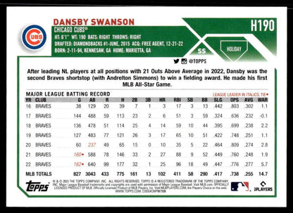 Baseball card displaying Dansby Swanson’s MLB stats from Topps Holiday for Chicago Cubs