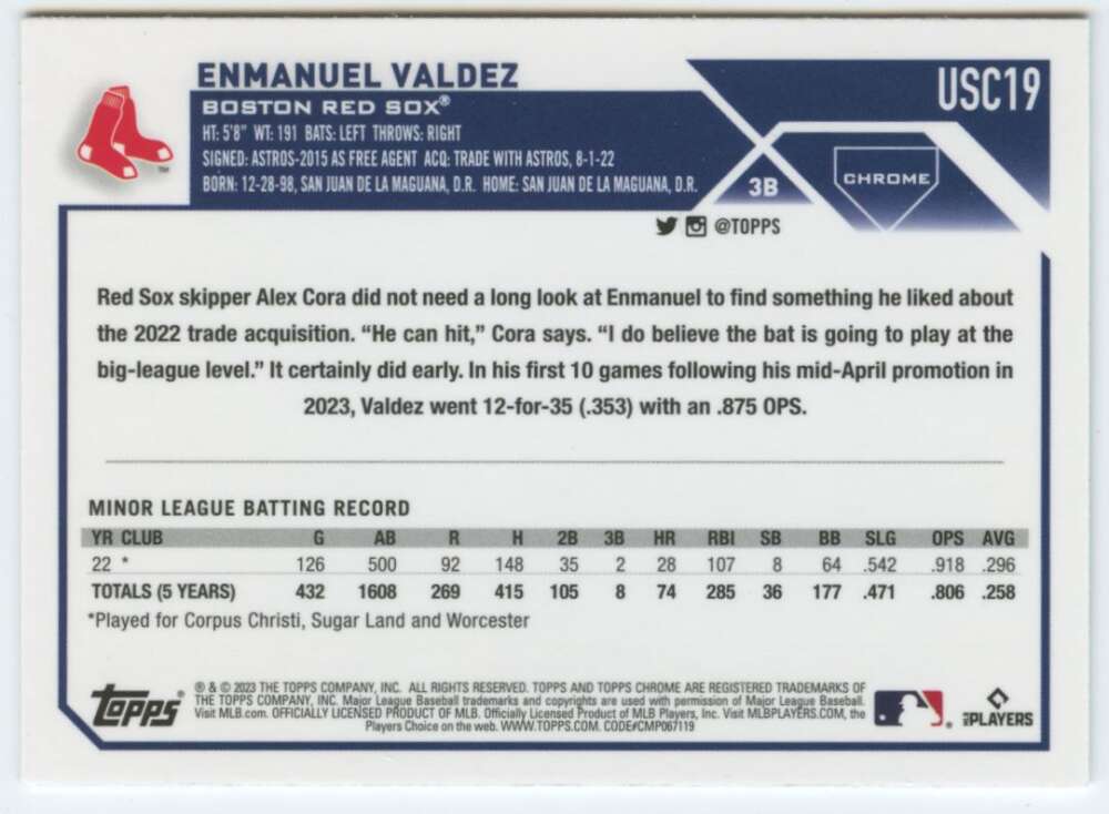 Baseball card featuring Enmanuel Valdez with Boston Red Sox stats and biography