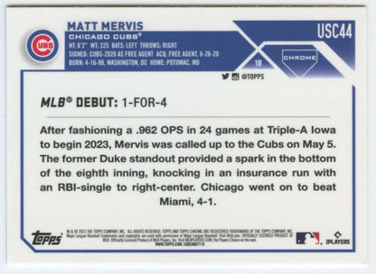 Chicago Cubs 2023 Topps Chrome Update Matt Mervis baseball card with stats and debut info