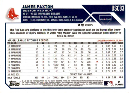 Baseball card featuring James Paxton statistics for the Boston Red Sox