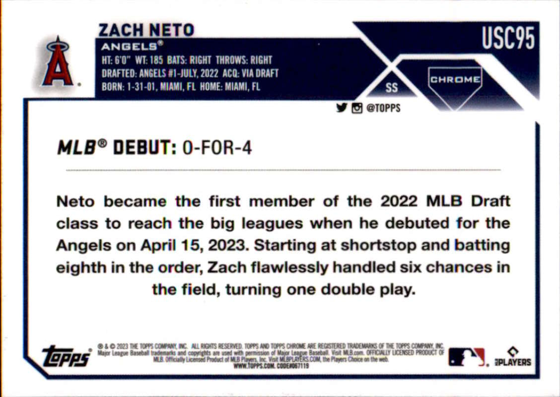 Baseball card featuring Zach Neto’s MLB debut stats with Los Angeles Angels details