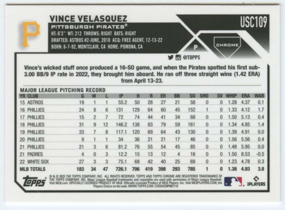 Baseball card of Vince Velasquez showcasing statistics for Pittsburgh Pirates Topps Chrome Update