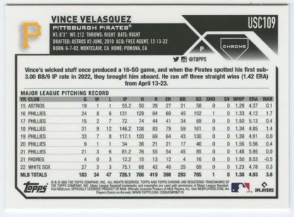 Baseball card of Vince Velasquez showcasing statistics for Pittsburgh Pirates Topps Chrome Update