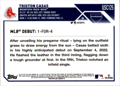 Triston Casas MLB debut statistics on 2023 Topps Chrome Update Boston Red Sox card