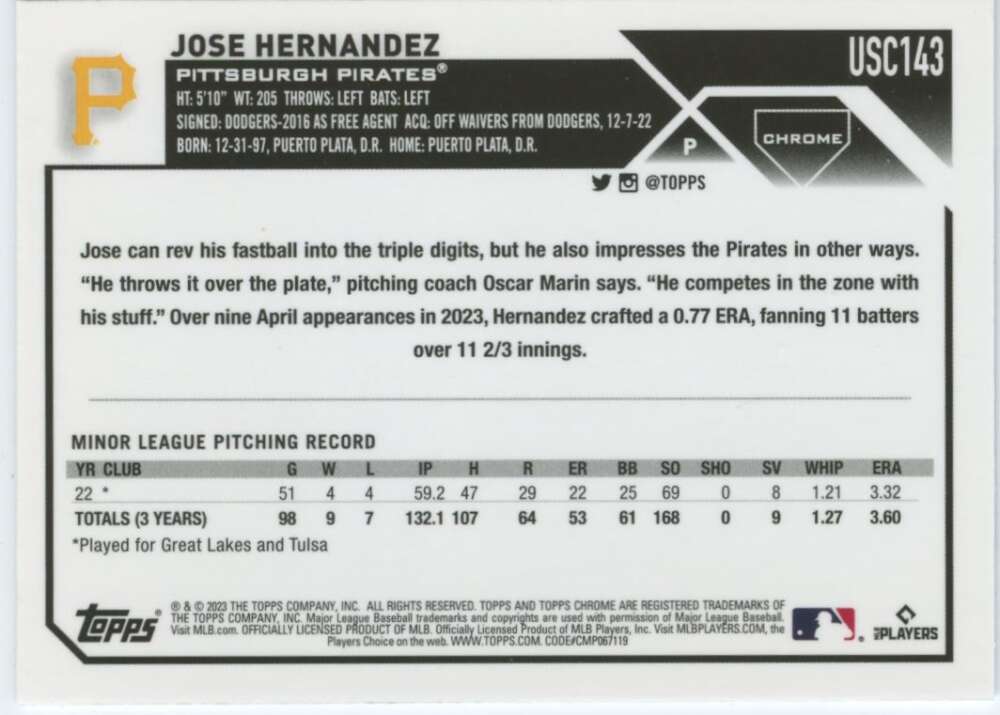 Back of Jose Hernandez Pittsburgh Pirates baseball card showing stats and biography