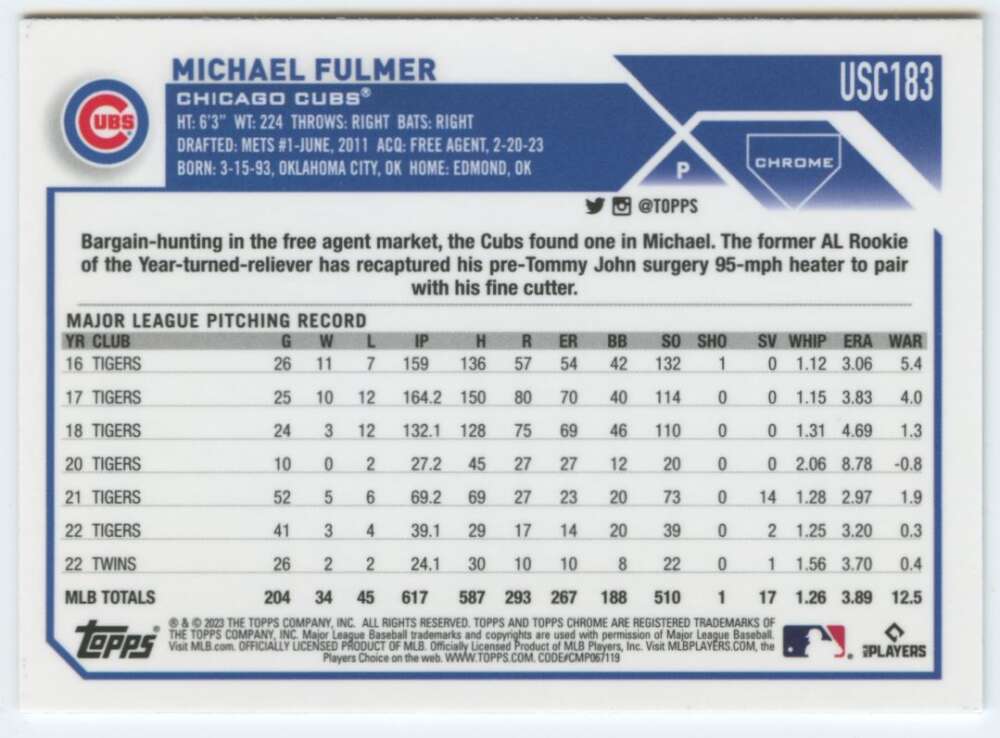 Michael Fulmer Chicago Cubs Baseball Card showing MLB pitching statistics and career record data