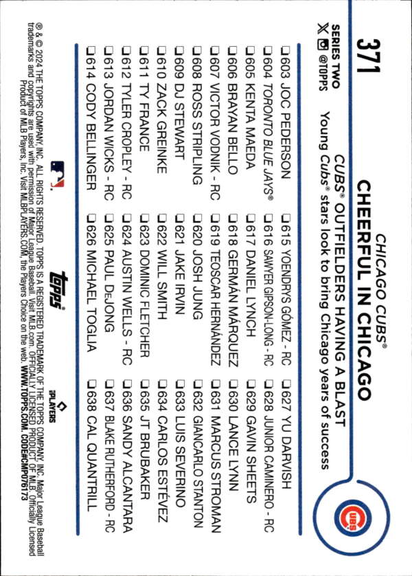 Back of 2024 Topps #371 Chicago Cubs Baseball Card showing player stats and info