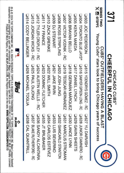 Back of 2024 Topps #371 Chicago Cubs Baseball Card showing player stats and info