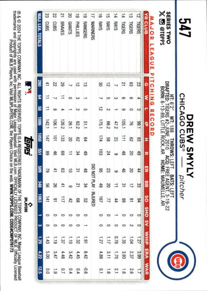 Baseball card featuring Drew Smyly statistics and Chicago Cubs team logo