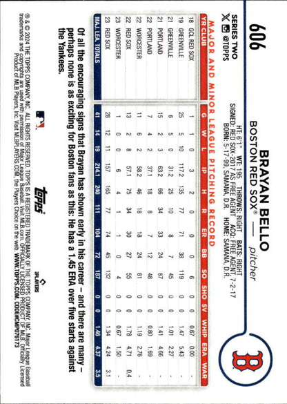 Back of 2024 Topps #606 Brayan Bello card showing statistics for Boston Red Sox player