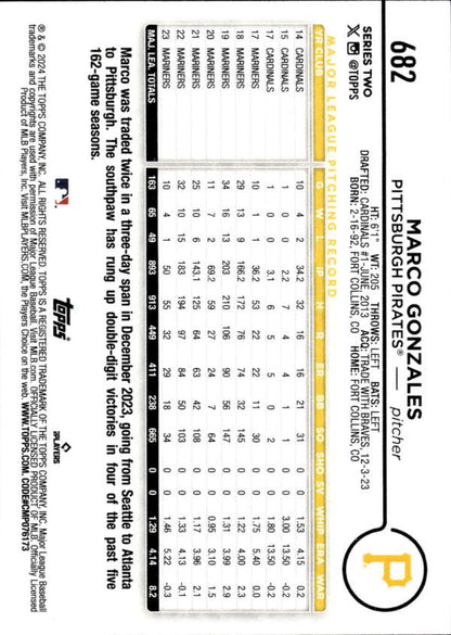 Baseball card featuring Marco Gonzales statistics for Pittsburgh Pirates 2024 Topps series