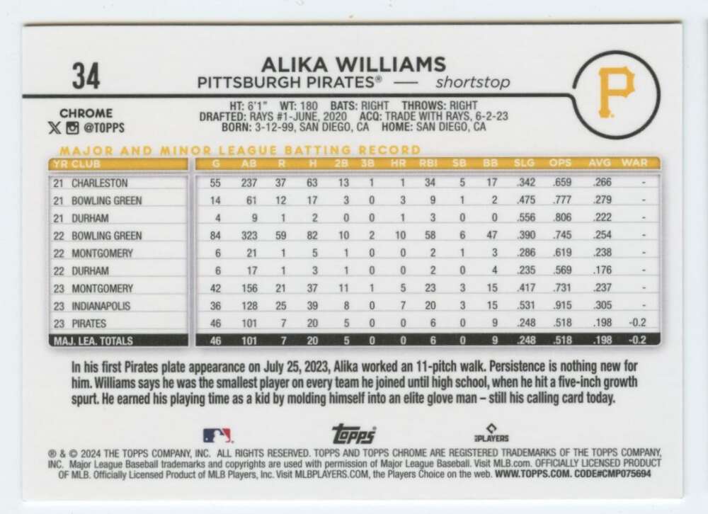 Baseball card featuring Alika Williams of the Pittsburgh Pirates, 2024 Topps Chrome RC