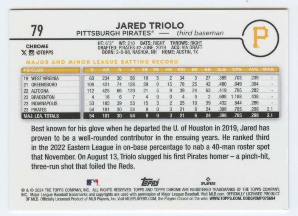 Baseball card displaying Jared Triolo’s stats from Topps Chrome 2024 Pittsburgh Pirates RC