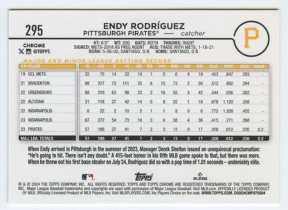 Endy Rodriguez Pittsburgh Pirates baseball card showing Topps Chrome statistics and career info