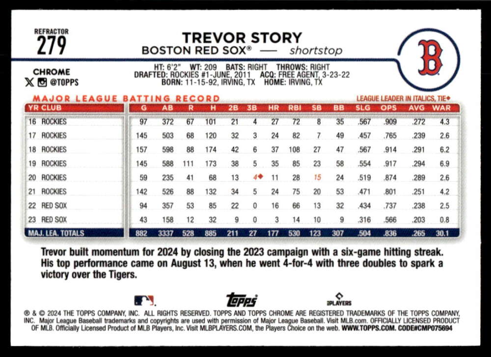 Trevor Story 2023 batting stats on Boston Red Sox baseball card Topps Chrome Refractor