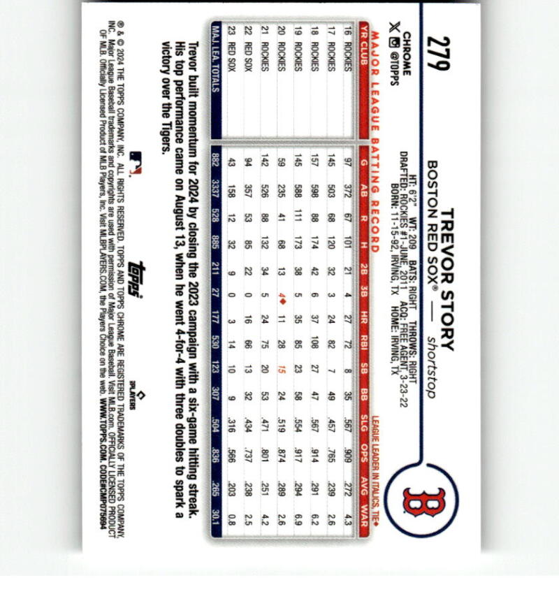 Baseball statistics card featuring Trevor Story and the Boston Red Sox logo