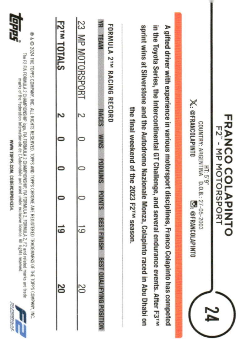 2024 Topps Chrome Formula 1 #24 Franco Colapinto NM-MT F2 - MP Motorsport Racing Card  Image 2