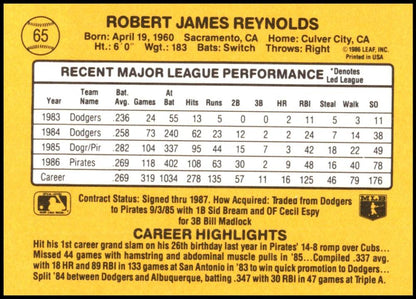 Baseball card displaying Robert James Reynolds MLB stats and highlights for Pittsburgh Pirates