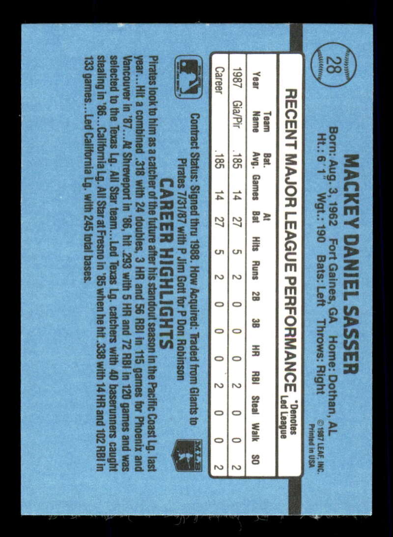 Blue baseball card back featuring Mackey Sasser rookie statistics for Pittsburgh Pirates