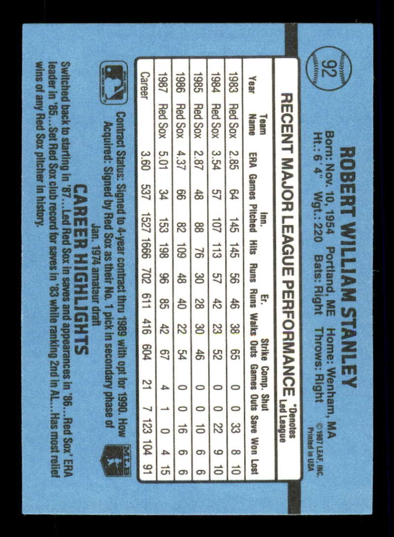 1988 Donruss #92 Bob Stanley Baseball Card with player stats on a blue background