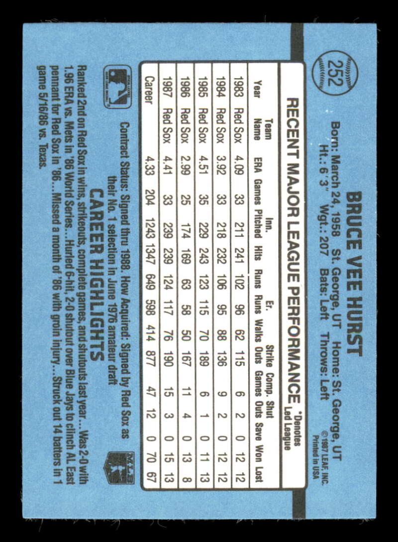 Baseball card back of 1988 Donruss #252 Bruce Hurst with player stats in light blue color scheme