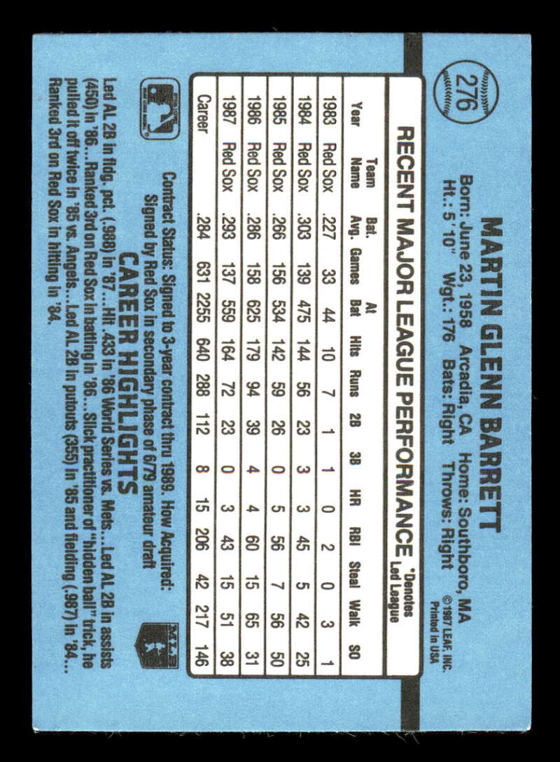 Light blue 1988 Donruss #276 Marty Barrett baseball card with player statistics