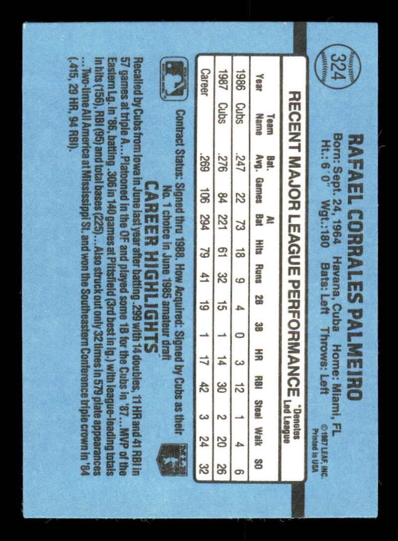 Light blue baseball card back of Rafael Palmeiro Chicago Cubs with player stats