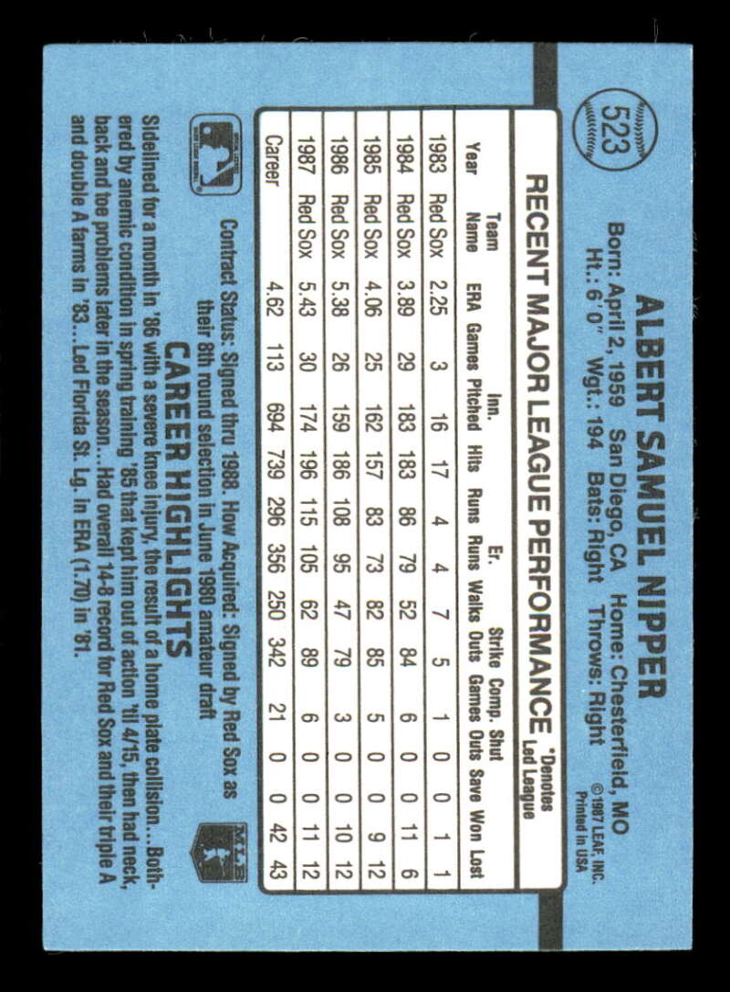 1988 Donruss #523 Al Nipper Baseball Card with blue background for Boston Red Sox fans