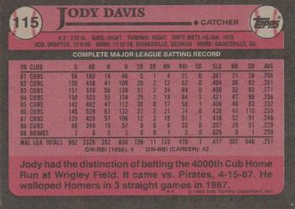 Baseball card featuring Jody Davis career statistics with Chicago Cubs achievements