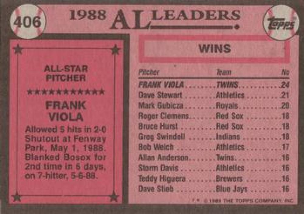 1989 Topps #406 Frank Viola AS NM-MT Minnesota Twins Baseball Card Image 2