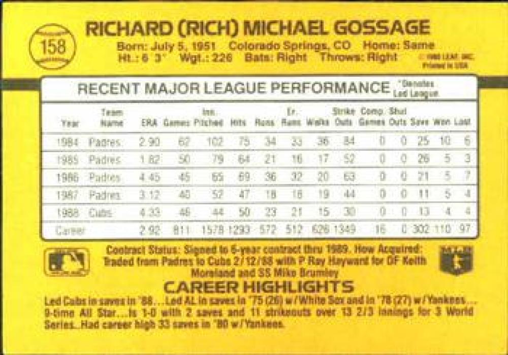 Rich Gossage Chicago Cubs Baseball Card featuring player stats and highlights in yellow