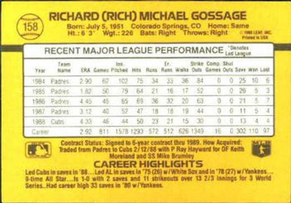 Rich Gossage Chicago Cubs Baseball Card featuring player stats and highlights in yellow