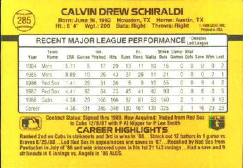 1989 Donruss #285 Calvin Schiraldi NM-MT Chicago Cubs Baseball Card with player stats