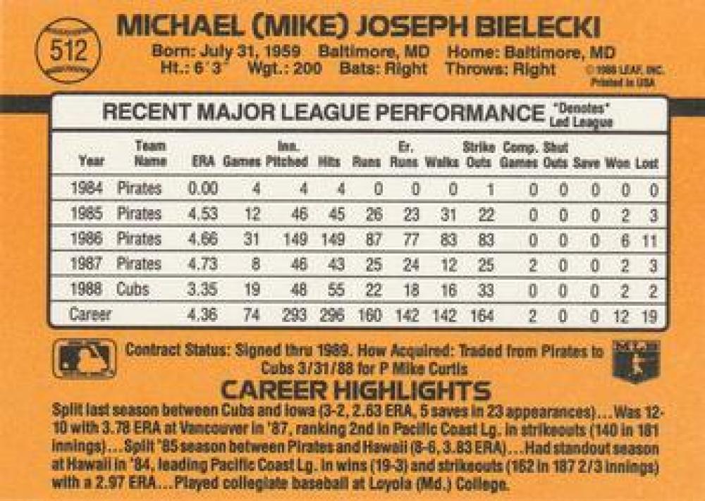 Baseball card featuring Mike Bielecki’s statistics in orange and black for Chicago Cubs