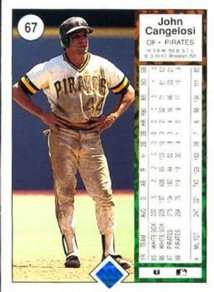 John Cangelosi in white and black pinstriped uniform on Pittsburgh Pirates baseball card