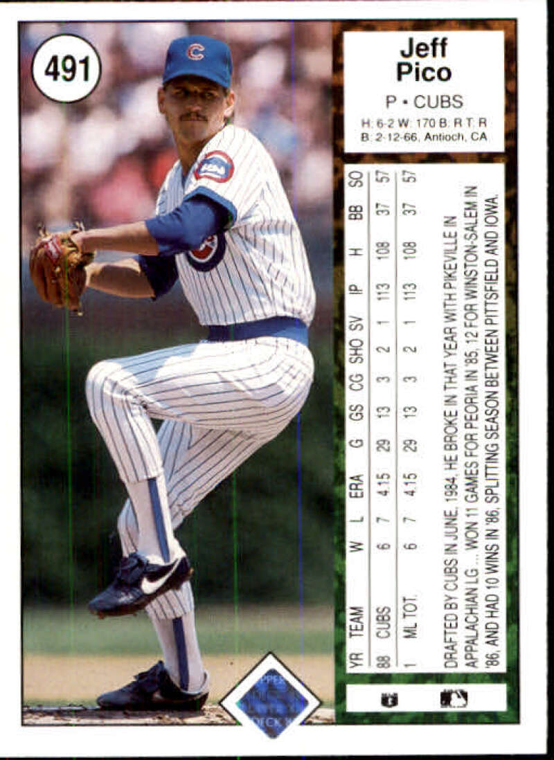 Jeff Pico mid-pitch in pinstripe uniform on a Chicago Cubs baseball card