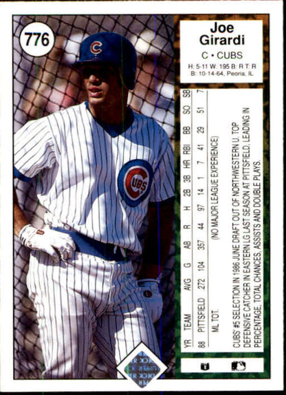 Joe Girardi Chicago Cubs rookie card in white pinstripe uniform, Upper Deck 1989