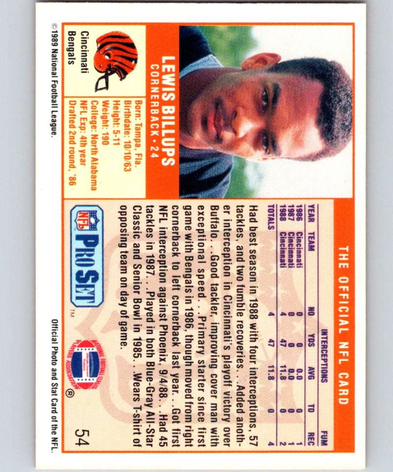 Vintage 1989 Pro Set #54 Lewis Billups Football Card featuring Cincinnati Bengals