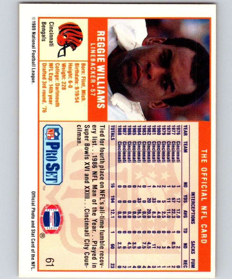 Vintage 1989 Pro Set Reggie Williams Cincinnati Bengals Football Card with player stats