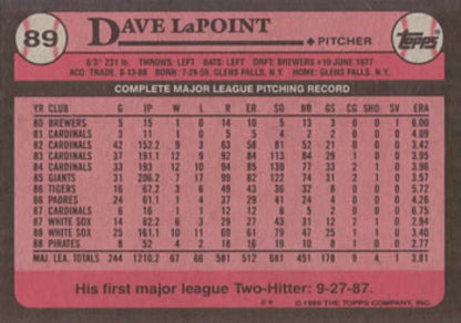 Pink 1989 Topps Baseball Card featuring Dave LaPoint’s career stats for Pittsburgh Pirates