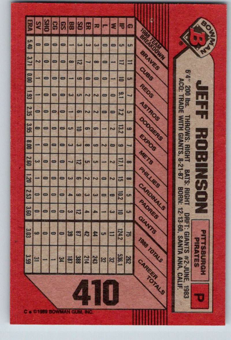 Red 1989 Bowman #410 Jeff Robinson Baseball Card featuring Pittsburgh Pirates stats