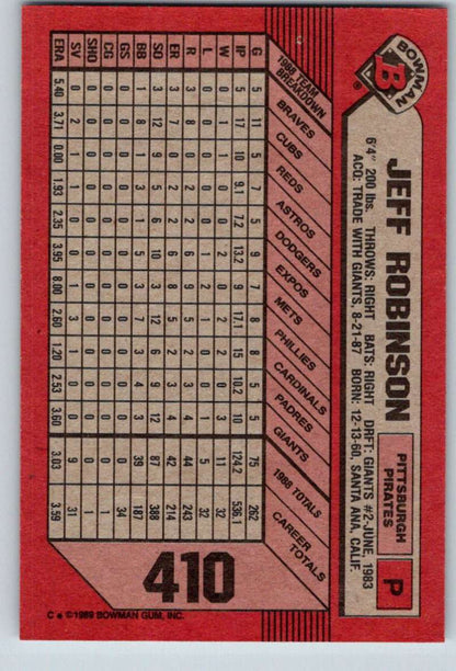 Red 1989 Bowman #410 Jeff Robinson Baseball Card featuring Pittsburgh Pirates stats