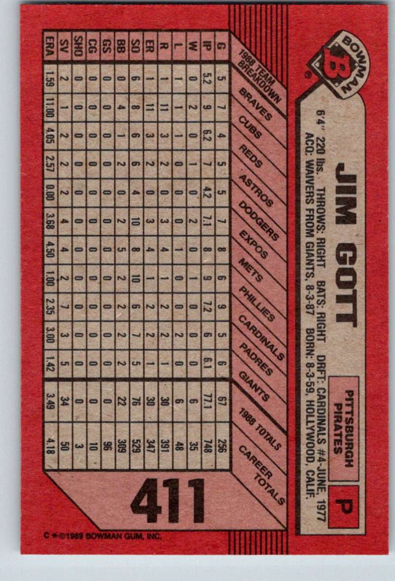 Red 1989 Bowman #411 Jim Gott Baseball Card displaying player statistics for Pittsburgh Pirates