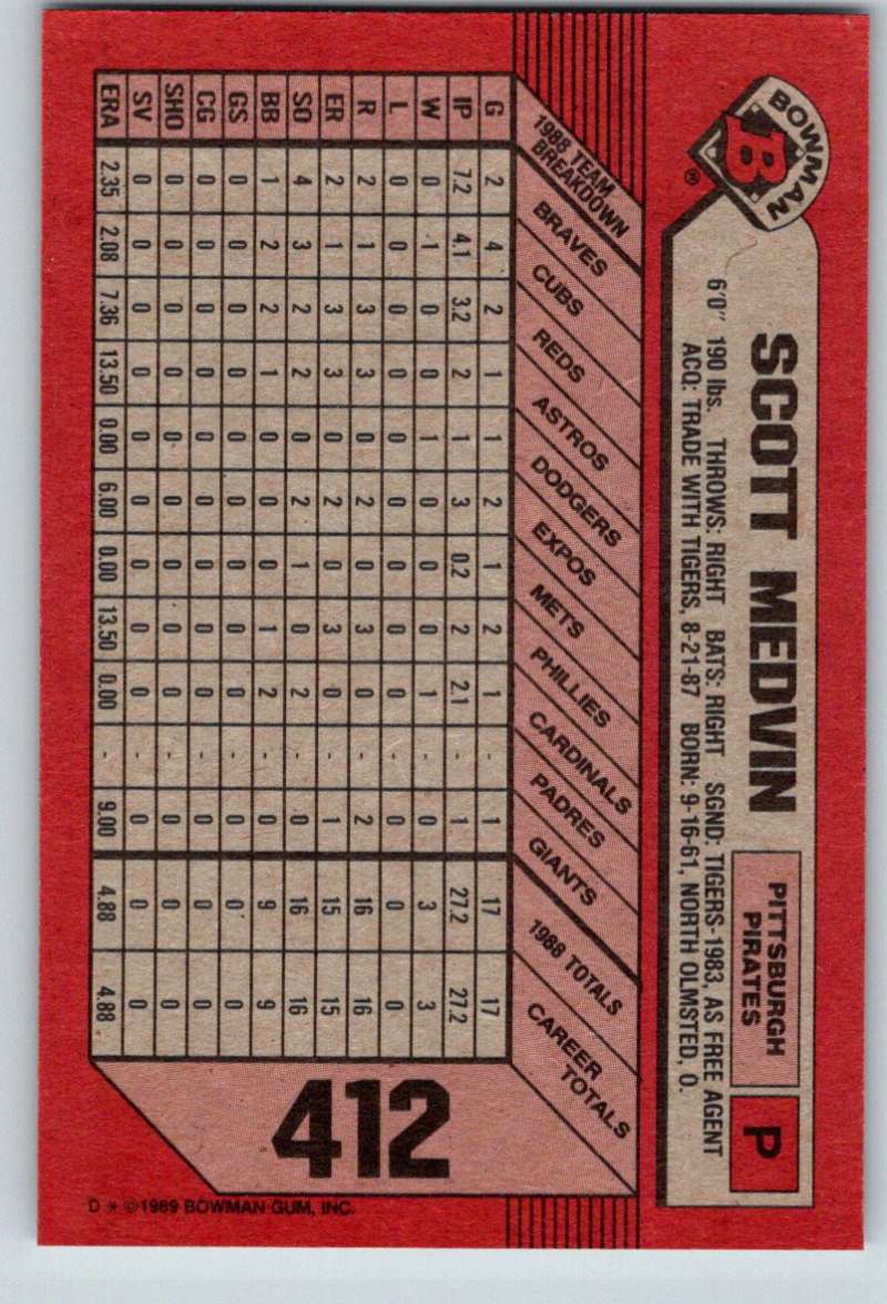 Red 1989 Bowman #412 Scott Medvin Rookie Card for Pittsburgh Pirates with stats grid