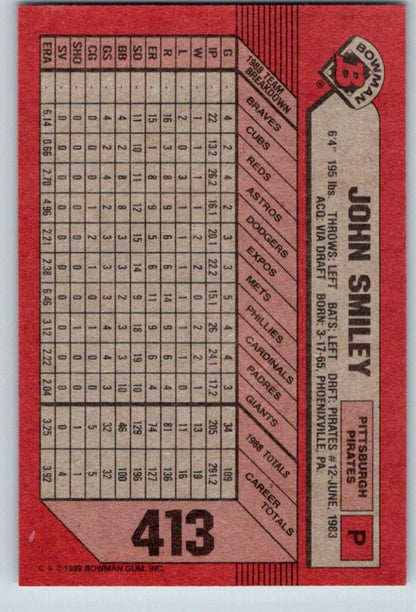 Red baseball card featuring John Smiley’s stats from the Pittsburgh Pirates 1989 set