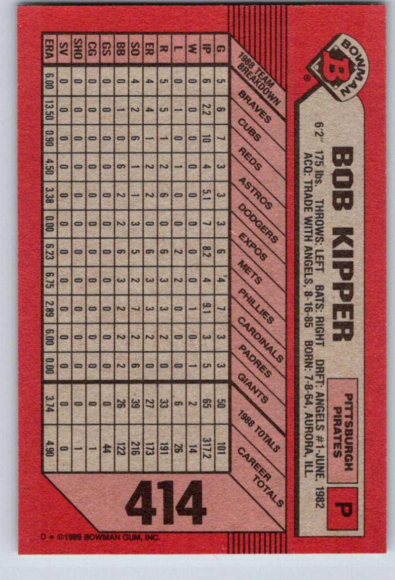 Red 1989 Bowman #414 Bob Kipper Baseball Card for Pittsburgh Pirates collectors