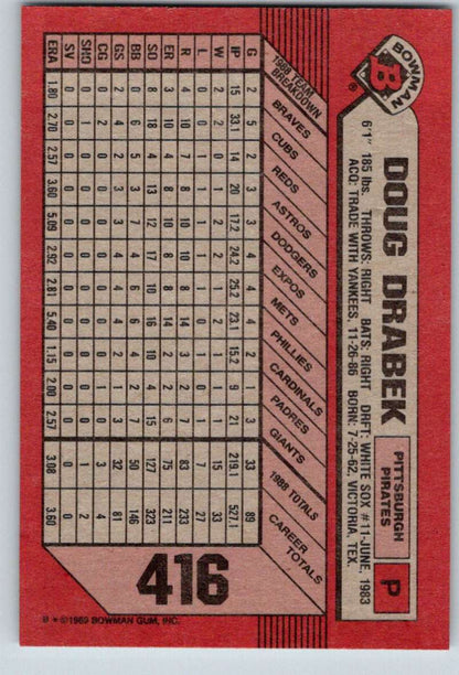 Red 1989 Bowman #416 Doug Drabek Baseball Card with statistics for Pittsburgh Pirates