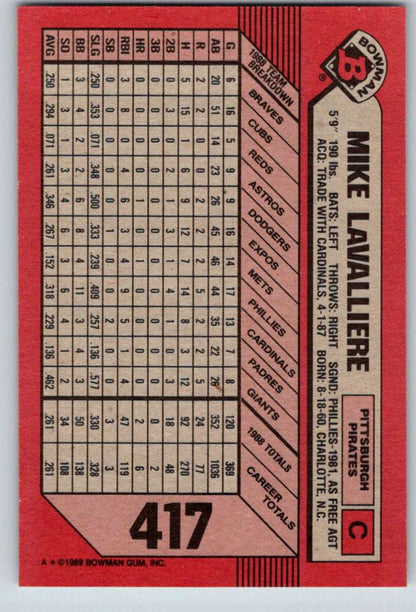 Red 1989 Bowman #417 Mike LaValliere Baseball Card statistics for Pittsburgh Pirates